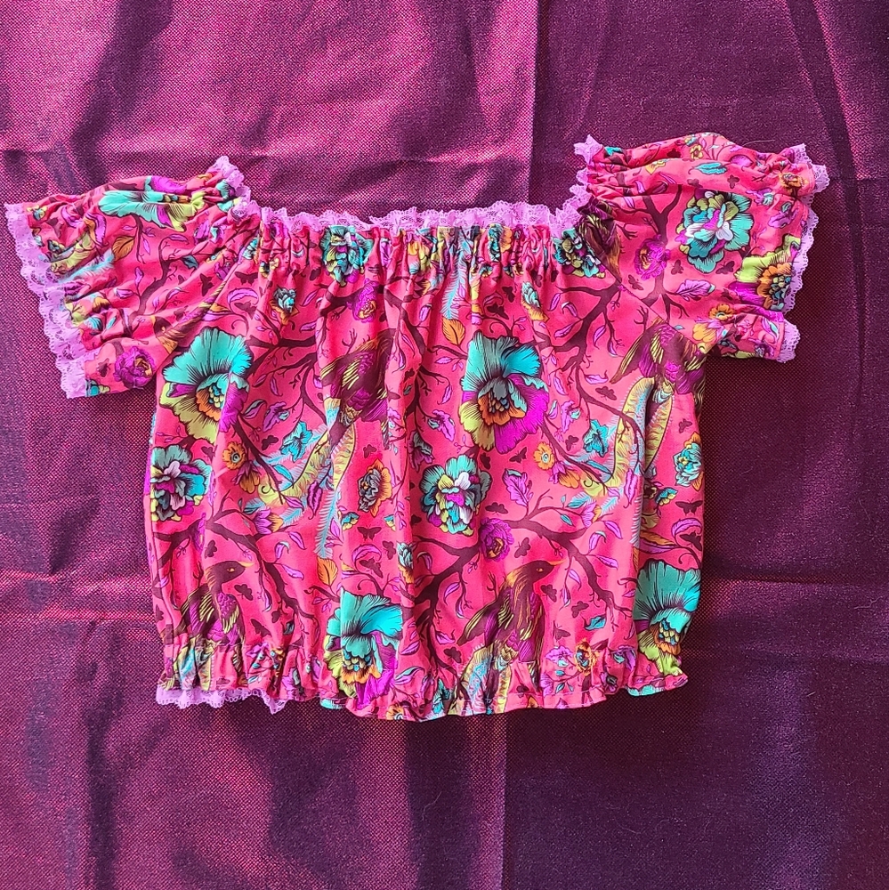 Neon Birds Over The Shoulder Ruffled CROP Top SMALL
